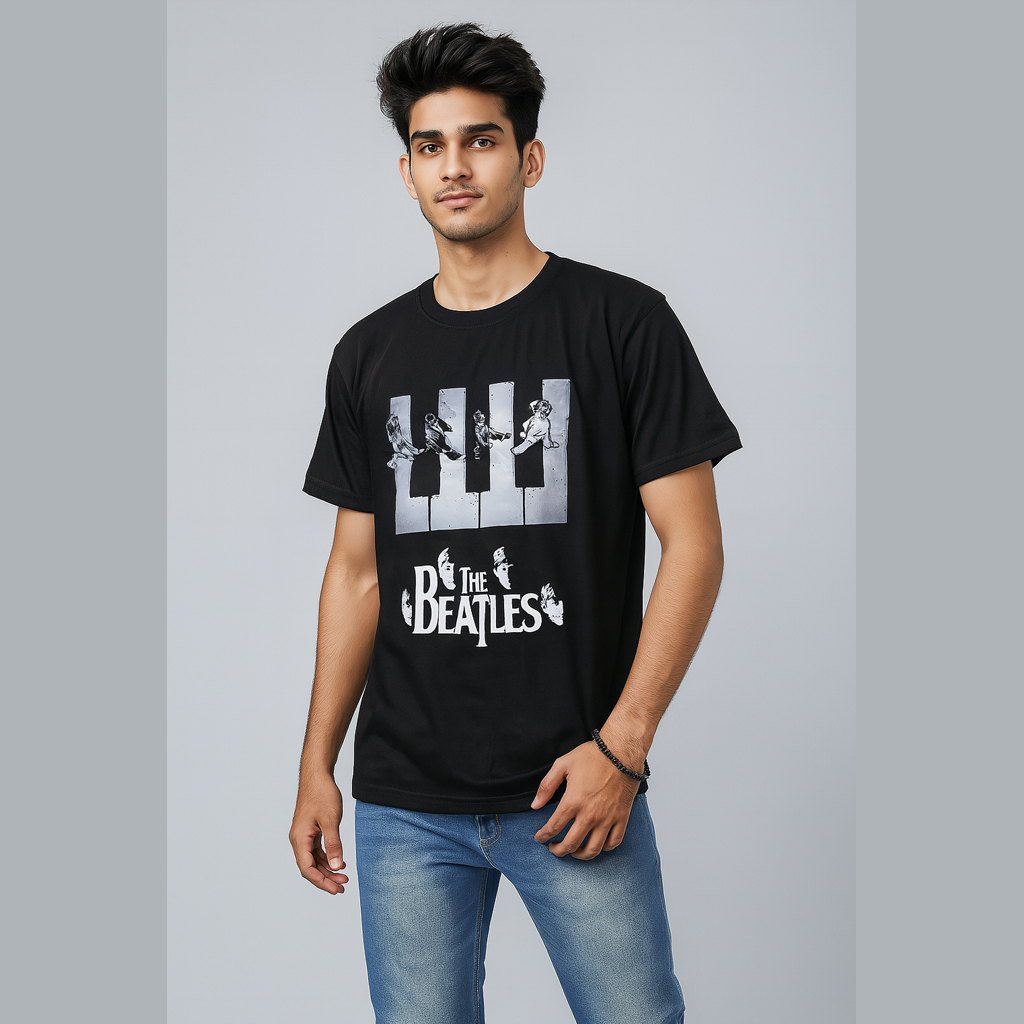 The Beatles Piano Key Graphic Print Half sleeves Cowl Neck Cotton Blend Black T-Shirt The Beatles Piano Key Graphic Print Half sleeves Cowl Neck Cotton Blend Black T-Shirt