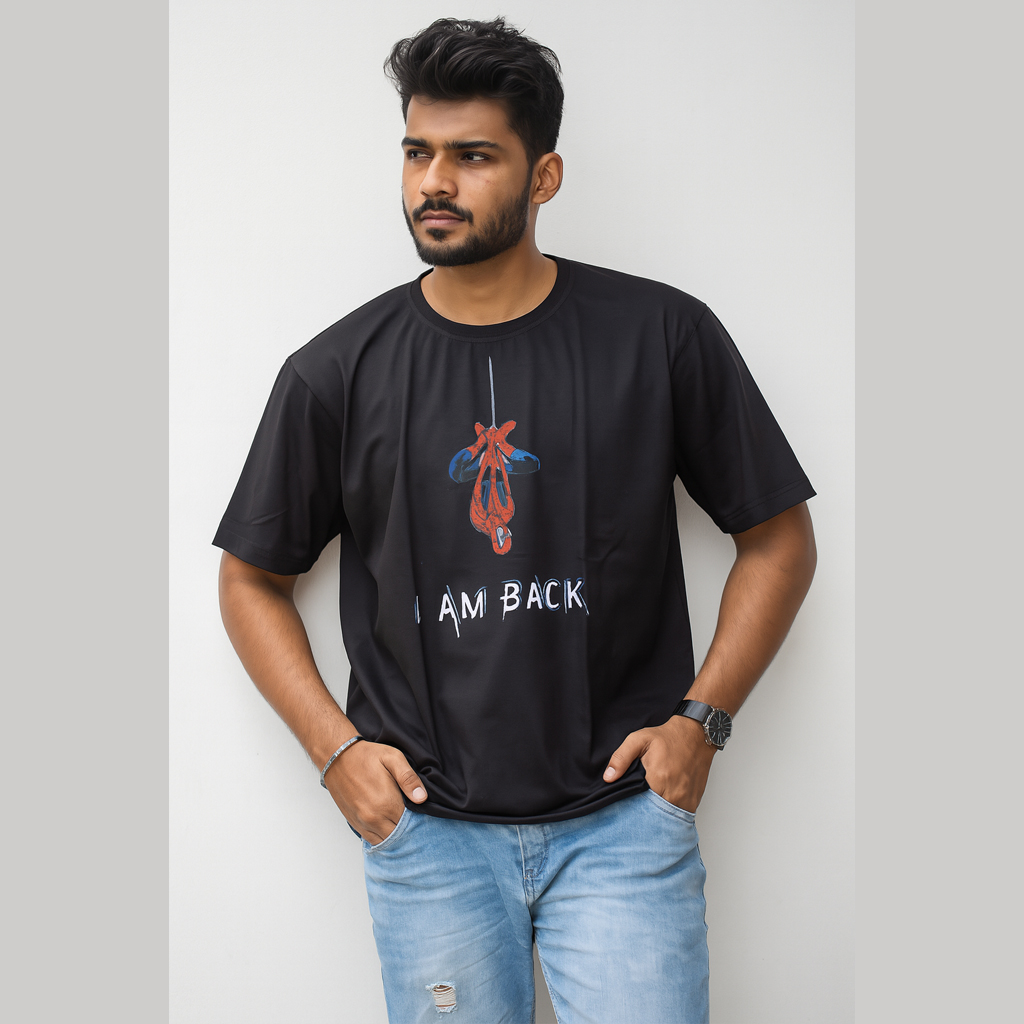 I Am Back" Spider Design Round Neck Half Sleeve Black T-Shirt I Am Back" Spider Design Round Neck Half Sleeve Black T-Shirt